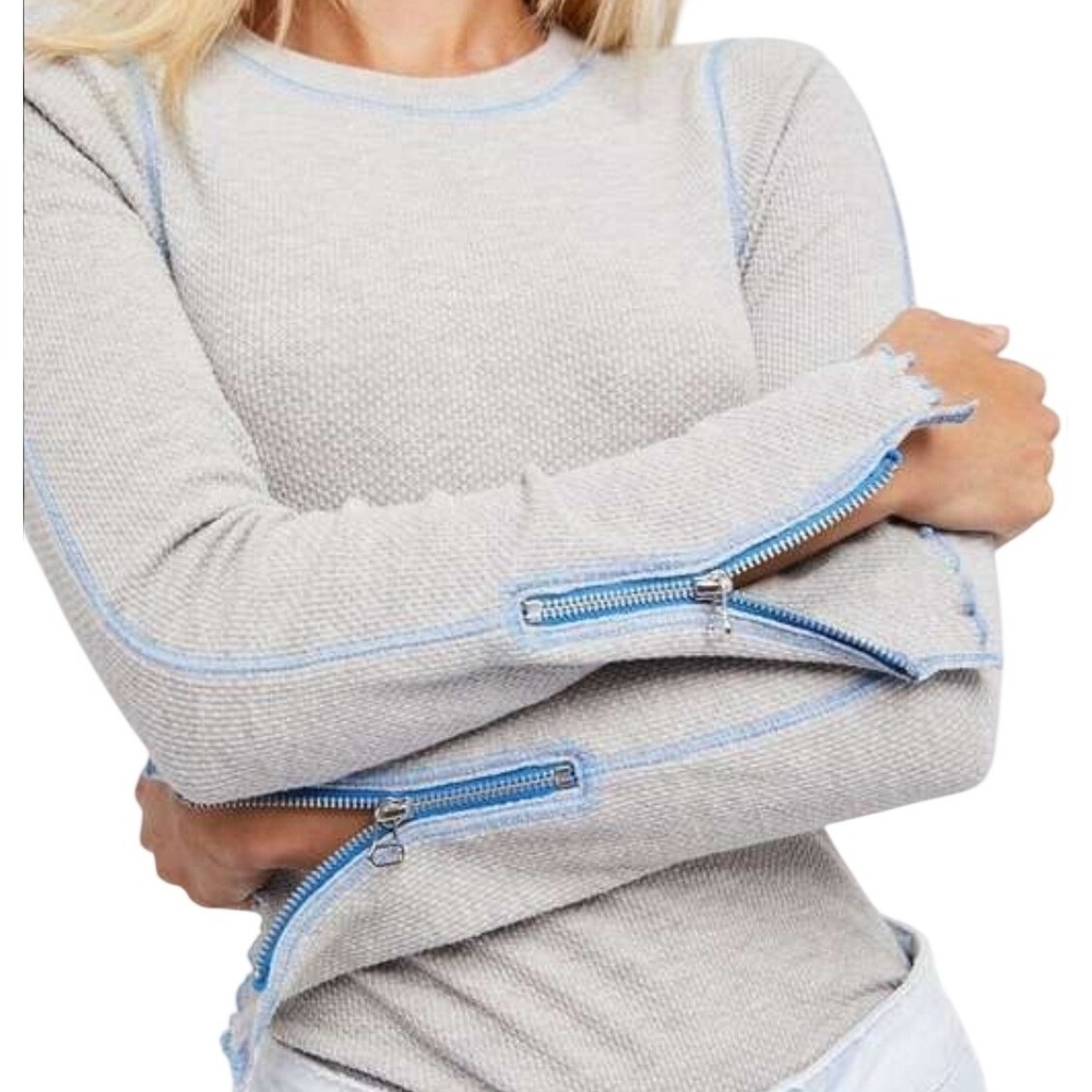 Free People Zip It Waffle Thermal Zipper Cuff Long Sleeve Grey Blue Stitch Small